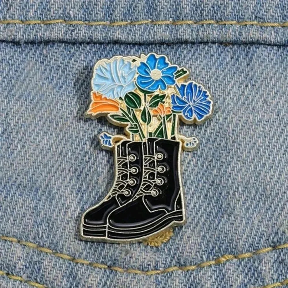 Combat boots floral design golden plated enamel pin brooch charm purse bag backp
